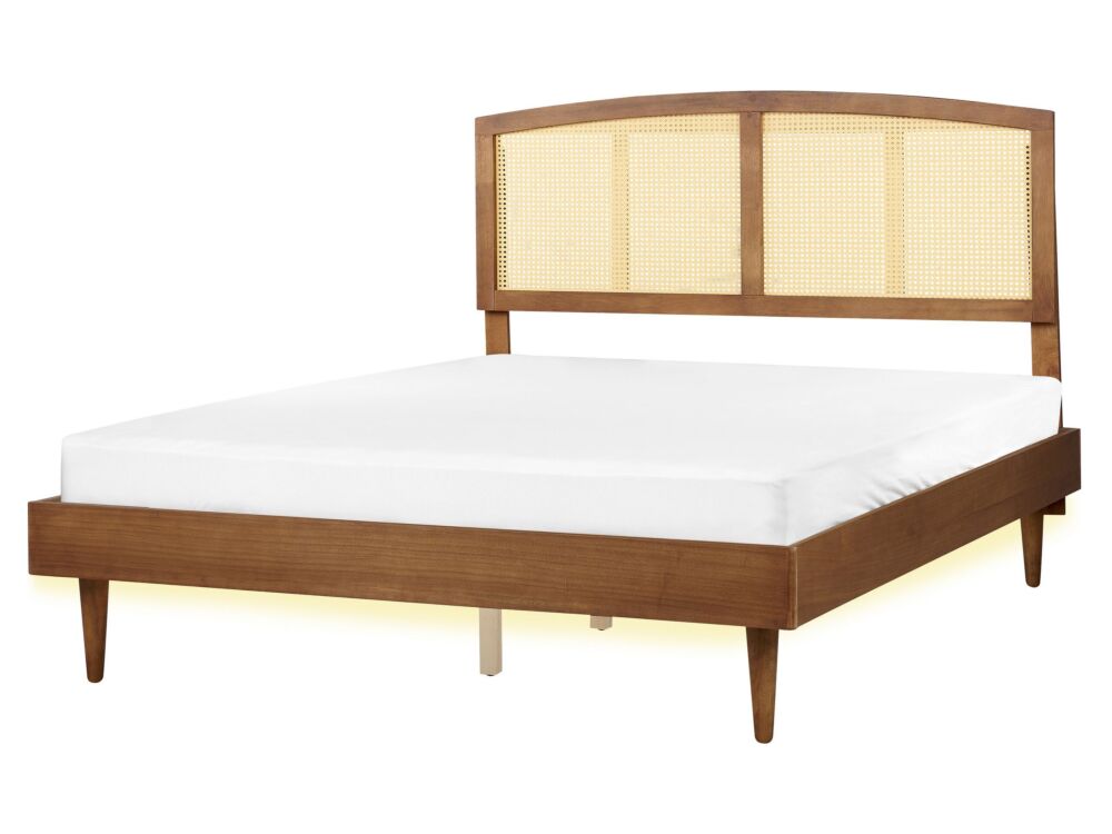 Bed Light Rubber Wood Eu King Size 5ft3 With Headboard Led Lights Slatted Base Minimalistic Rustic Style Beliani
