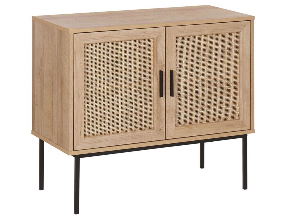 2 Door Sideboard Light Wood Natural Rattan Front 72 X 80 Cm Metal Leg Boho Style Wicker Cabinet Beliani