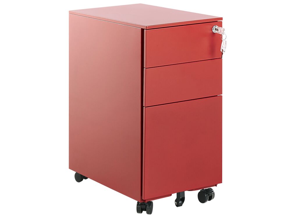 Storage Cabinet Red Metal With 3 Drawers Key Lock Castors Industrial Modern Home Office Garage Beliani