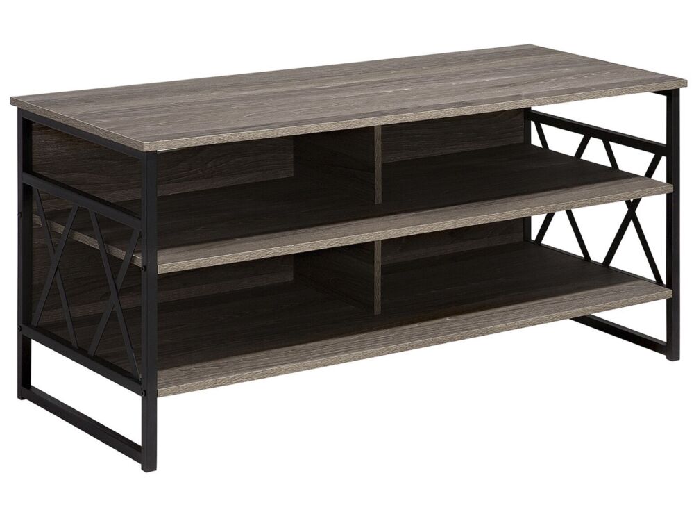 Tv Rtv Stand Cabinet Dark Wood With Black Metal 4 Shelves Storage Unit Living Room Modern Industrial Beliani