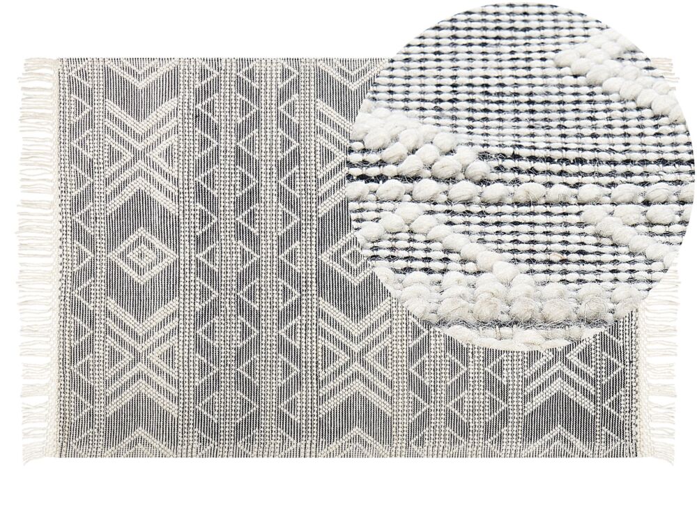 Area Rug White And Black Wool 160 X 230 Cm Geometrical Pattern With Tassels Hand Woven Living Room Bedroom Boho Modern Beliani