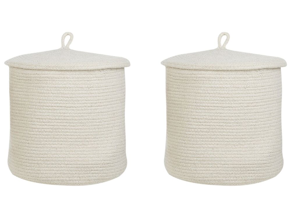 Set Of 2 Storage Baskets Off-white Cotton Striped With Lid Laundry Bins Boho Accessories Beliani