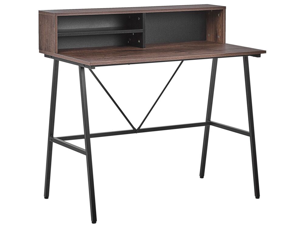 Home Office Desk Dark Wood Top 100 X 50 Cm Black Metal Frame With Shelves Beliani