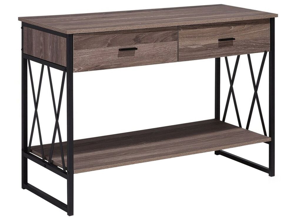 Side Table Taupe Wood Black Metal Frame 2 Storage Drawers Shelf Dressing Table Industrial Beliani