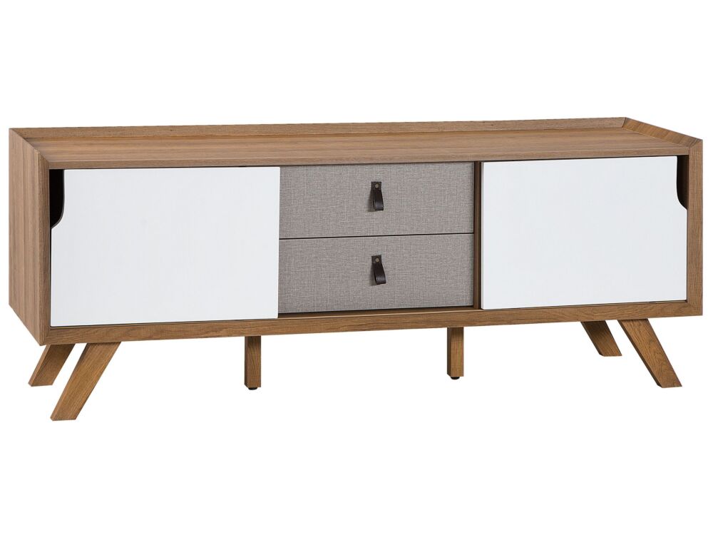 Sideboard Light Wood Veneer 56 X 147 X 42 Cm With 2 White Sliding Doors And 2 Grey Drawers Beliani