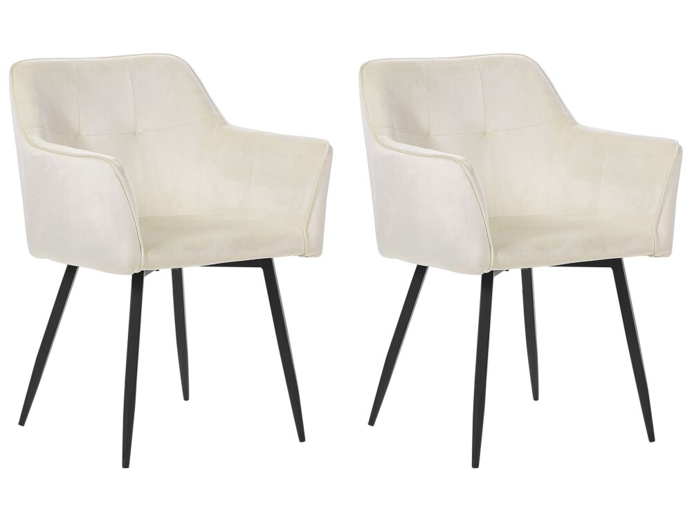 Set Of 2 Dining Chairs Cream Beige Velvet Upholstered Seat With Armrests Black Metal Legs Beliani