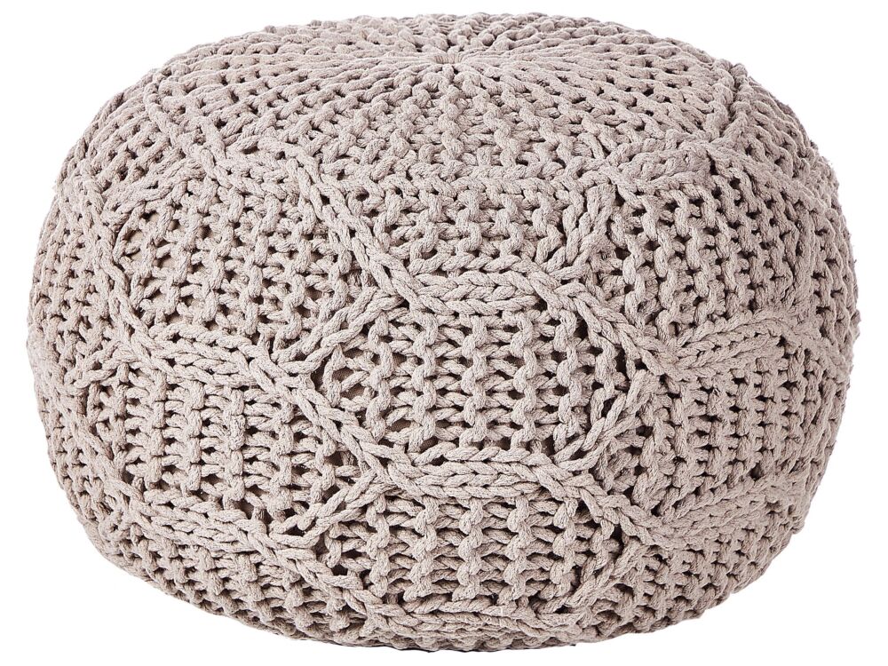 Pouf Ottoman Footstool Taupe Beige 50 X 50 X 35 Cm Handmade Macrame 100% Cotton Beads Filling Round Beliani