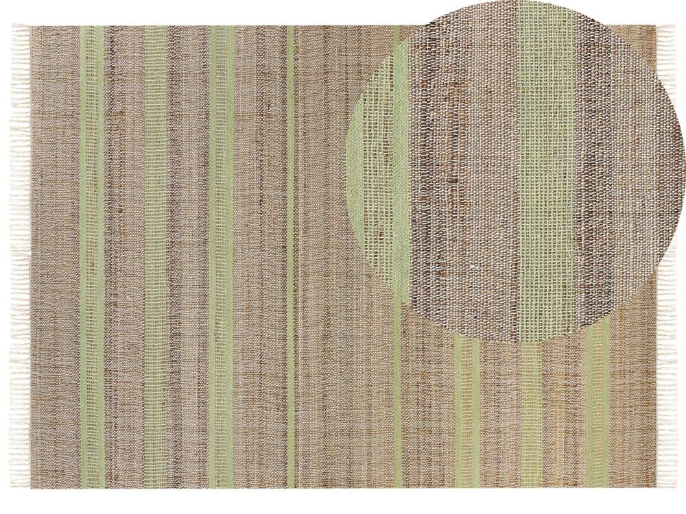 Area Rug Beige And Light Green Jute 160 X 230 Cm Rectangular With Tassels Striped Pattern Handwoven Boho Style Hallway Beliani