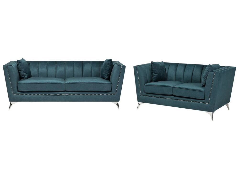 2 + 3 Seater Sofa Set Teal Blue Nail Head Trim Panel Tufting Beliani