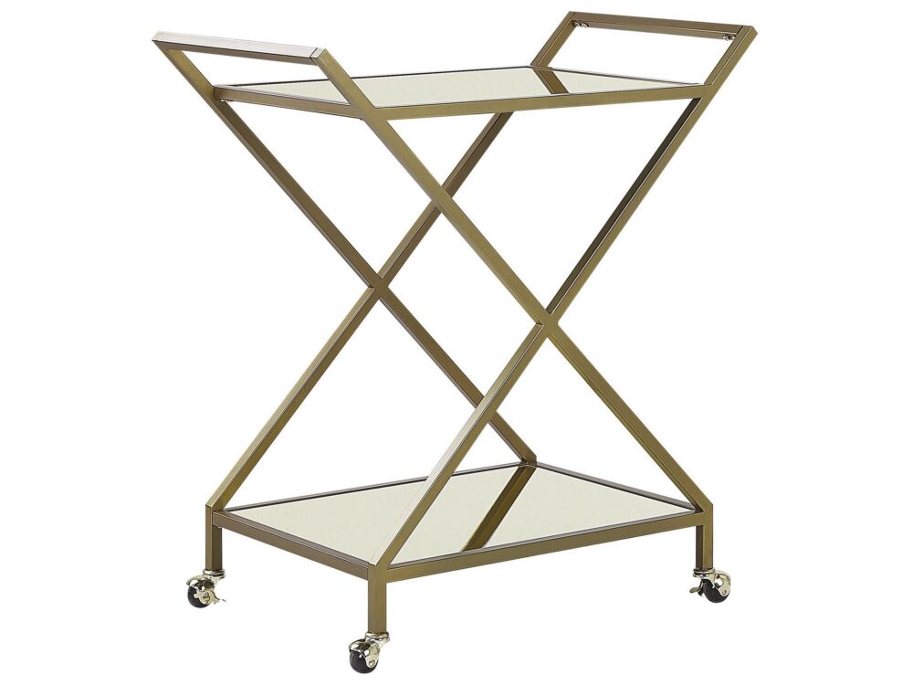 Kitchen Trolley Gold Metal Frame Mirrored Tops Glamour Bar Cart With Lockable Castors Beliani