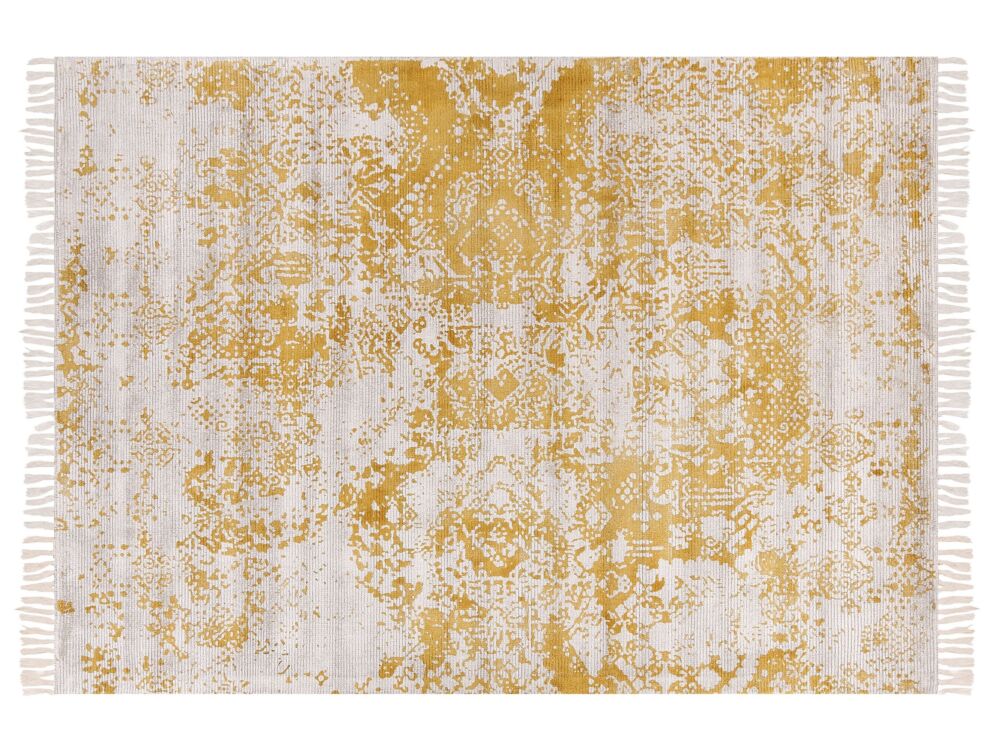 Viscose Area Rug Yellow Beige 140 X 200 Cm Oriental Distressed Living Room Bedroom Beliani