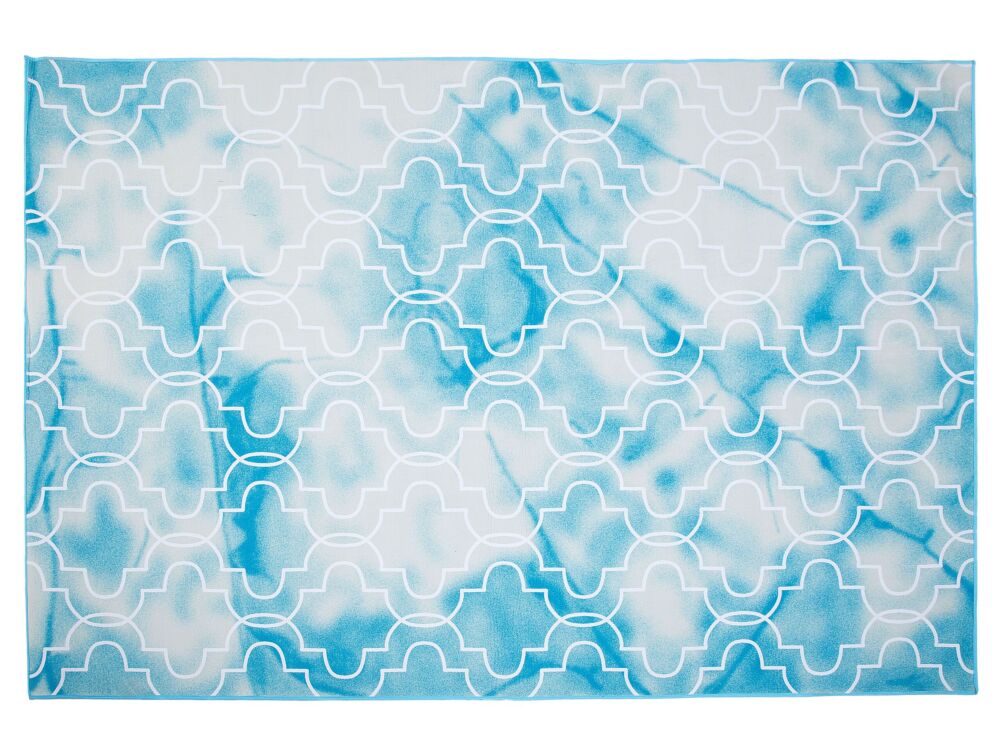 Area Rug Carpet Light Blue Polyester Fabric Quatrefoil Pattern Rubber Coated Bottom 140 X 200 Cm Beliani