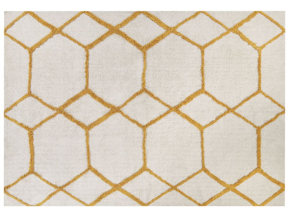 Area Rug White And Yellow Cotton 160 X 230 Cm Geometric Pattern Rectangular Hand Woven Modern Design Beliani