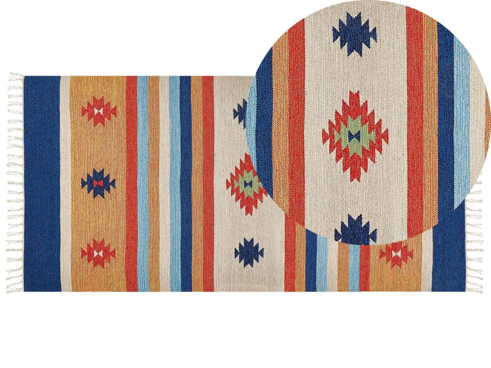 Kilim Area Rug Multicolour Cotton 80 X 150 Cm Handwoven Reversible Flat Weave Geometric Pattern With Tassels Traditional Boho Living Room Bedroom Beliani