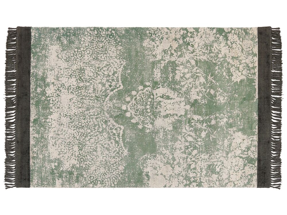 Area Rug Green And Beige Viscose With Cotton Backing With Fringes 140 X 200 Cm Style Vintage Distressed Pattern Beliani