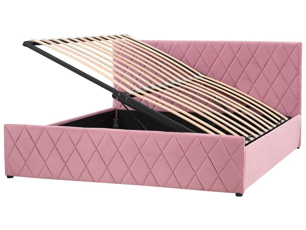 Storage Bed Beige Velvet Upholstery Eu Super King 6ft With Slatted Base Diamond-tufted Headboard Beliani
