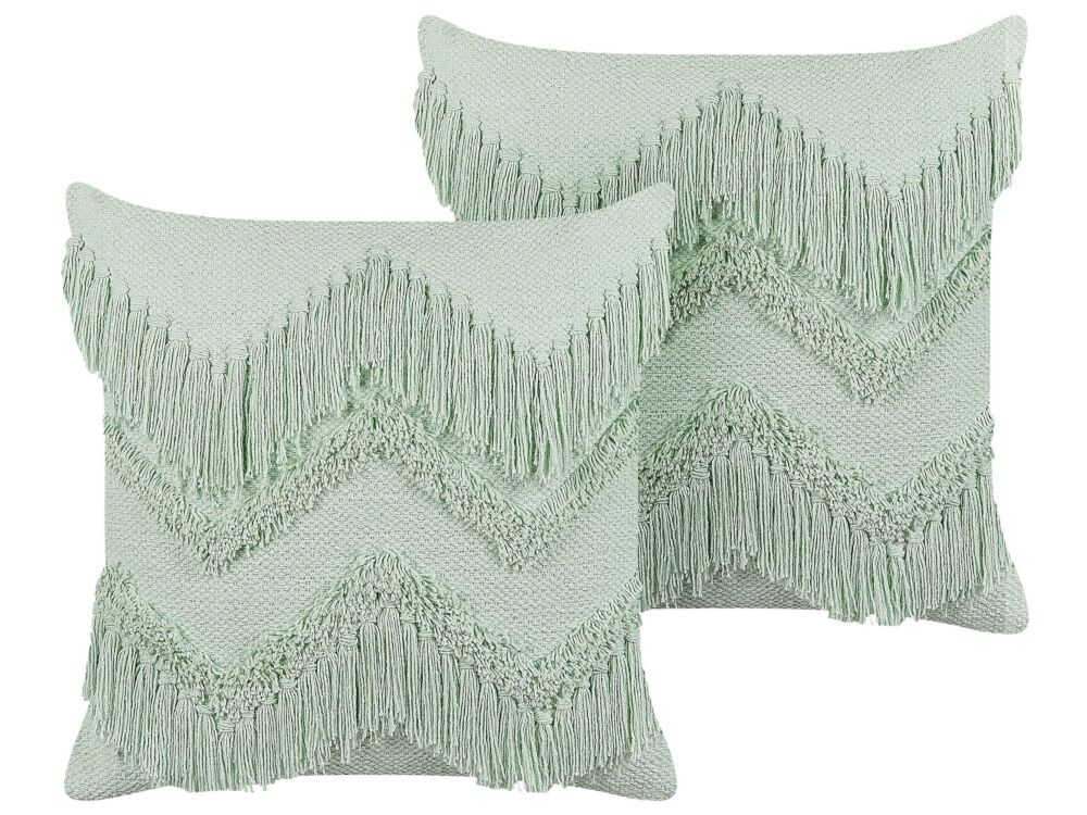 Set Of 2 Decorative Cushions Light Green Cotton 45 X 45 Cm With Tassels Boho Design Decor Accessories Beliani