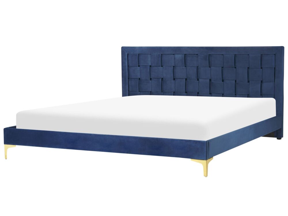 Upholstered Bed Frame Navy Blue Velvet Eu Super King Size 180x200 Cm 6ft Headboard Golden Legs Beliani