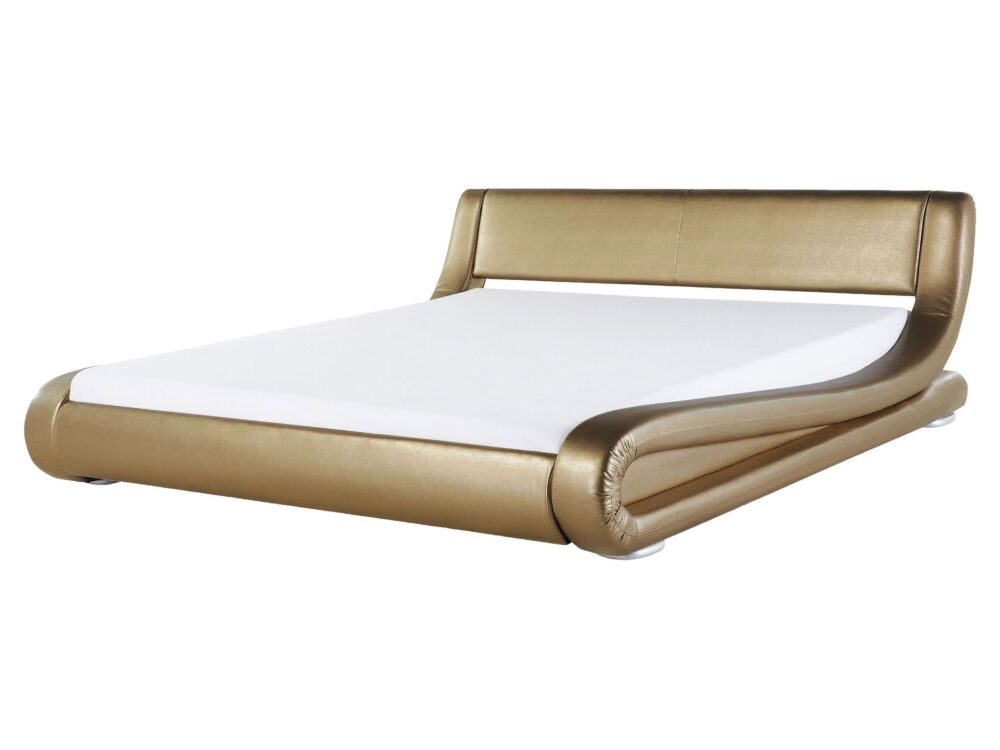 Platform Waterbed Gold Genuine Leather Upholstered With Mattress And Accessories 5ft3 Eu King Size Sleigh Design Beliani