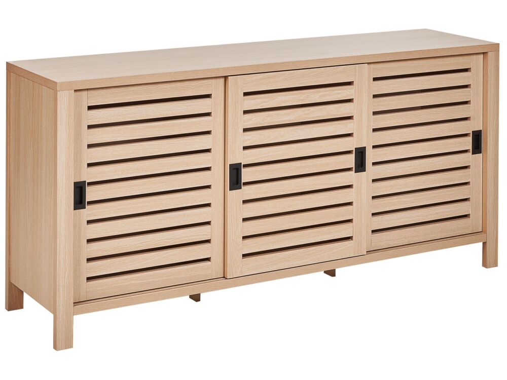 3 Door Sideboard Light Wood Manufactured Wood With Slatted Fronts Sliding Doors Beliani