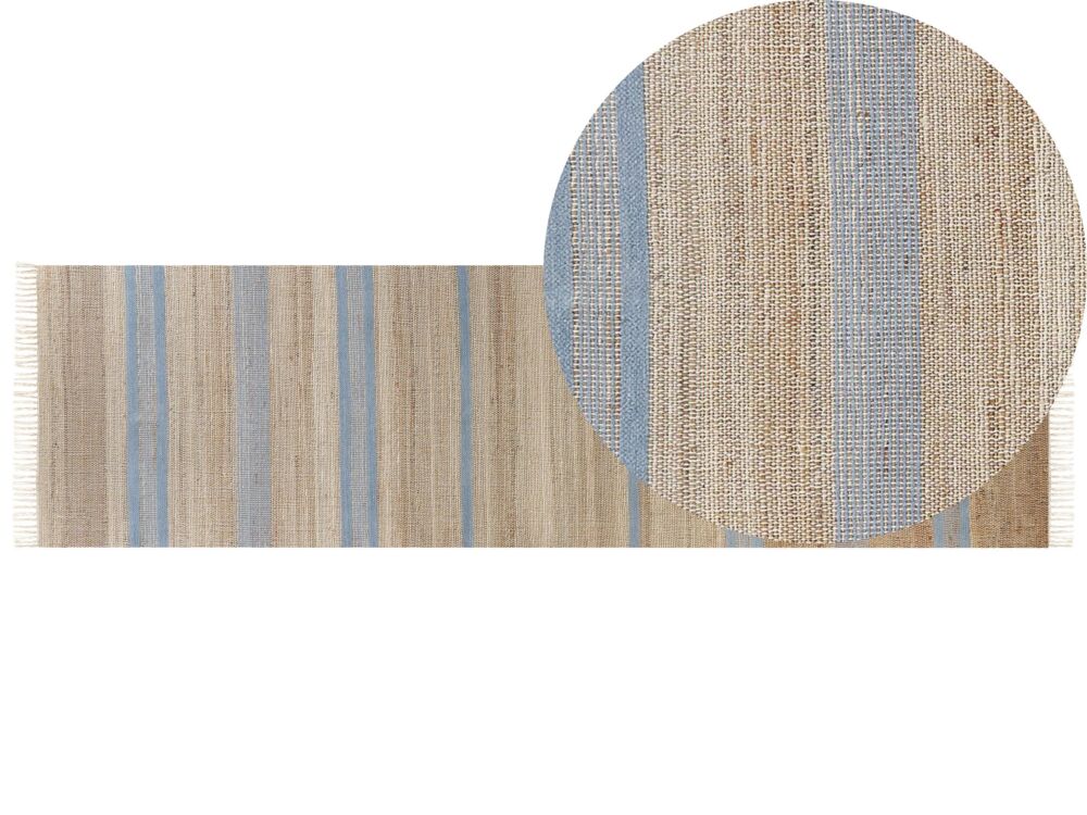 Runner Rug Beige And Light Blue Jute 80 X 300 Cm Rectangular With Tassels Striped Pattern Handwoven Boho Style Hallway Beliani