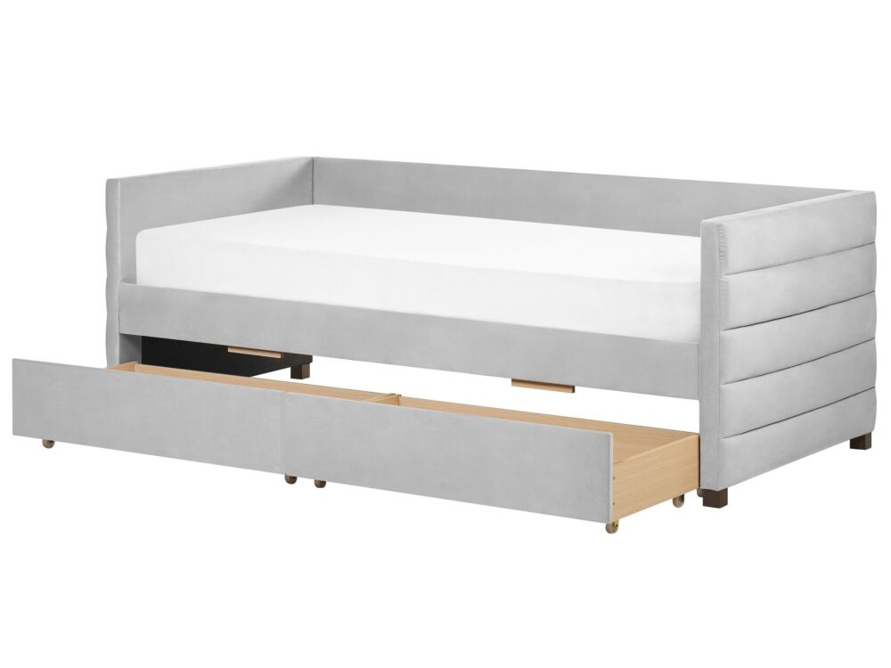 Daybed Light Grey Velvet Eu Single Size 90 X 200 Cm With Slatted Frame And Drawers Beliani