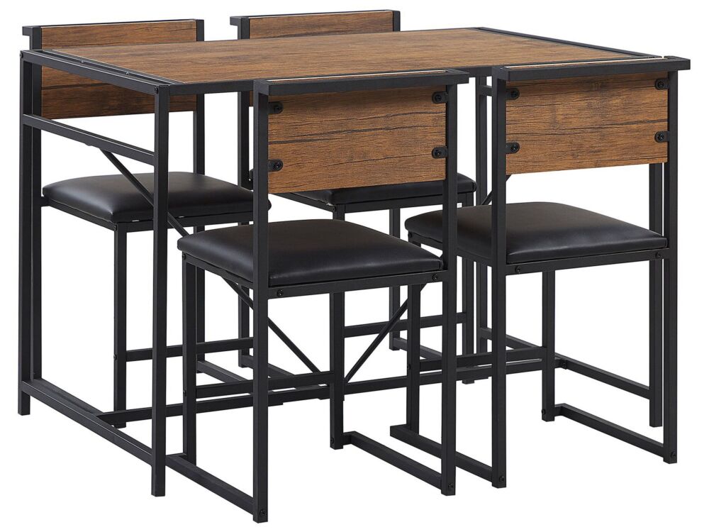 Dining Set Dark Wood Top Black Steel Legs Rectangular Table 110 X 70 Cm 4 Chairs Upholstered Seats Modern Industrial Beliani