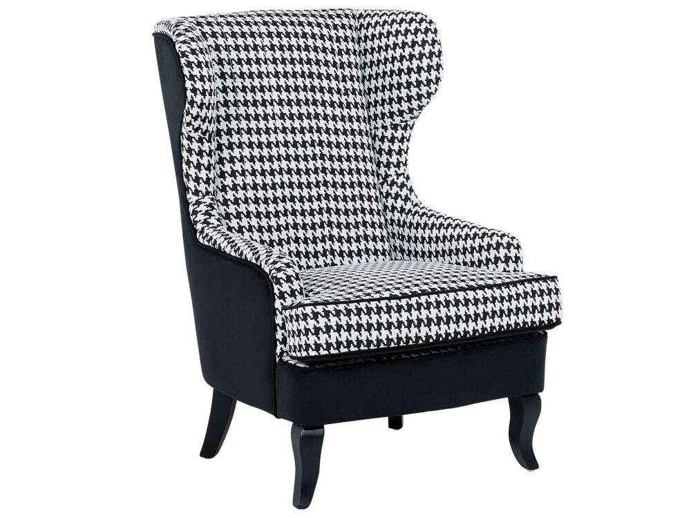 Wingback Chair Black And White Fabric Houndstooth Armchair Button Tufted Wooden Legs Beliani