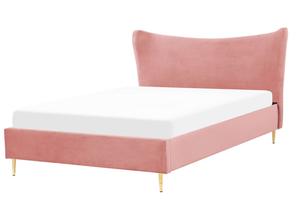 Eu King Size Bed Pink Velvet 5ft3 Upholstered Frame Metal Legs Slatted Base Headboard Modern Glam Style Bedroom Beliani