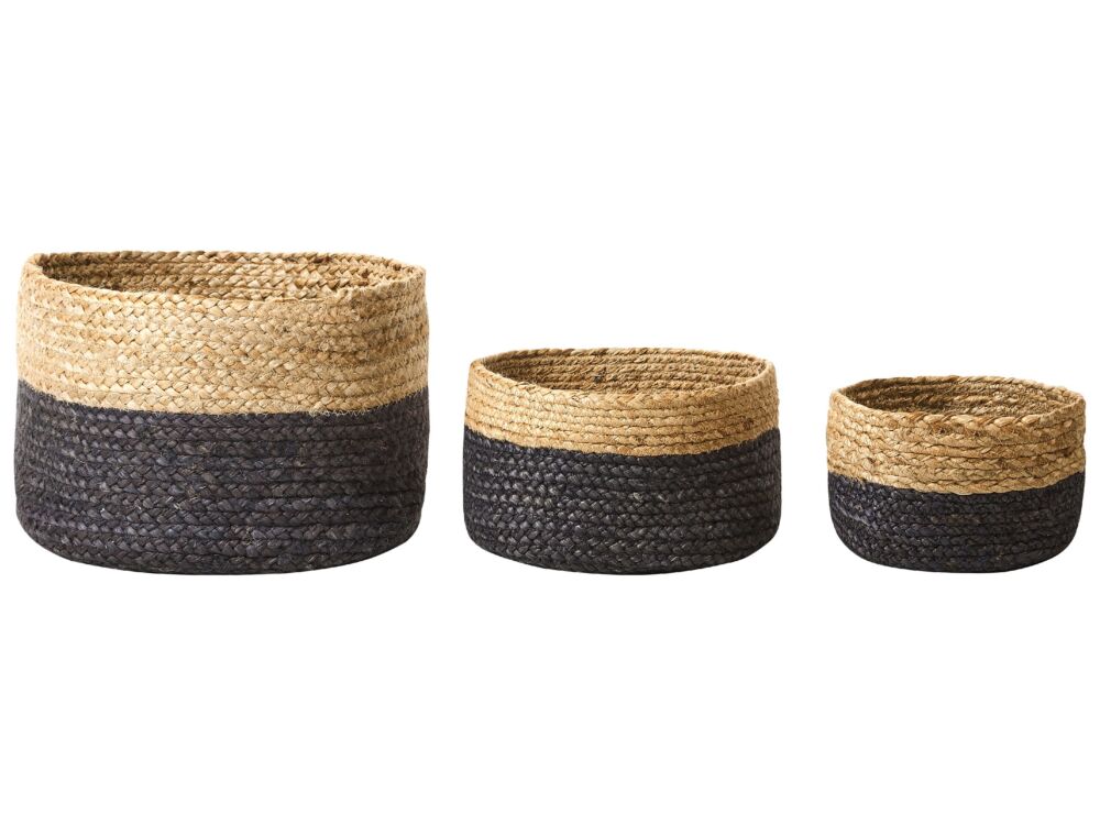 Set Of 3 Storage Boxes Natural Black Jute 13/15/25 Cm Height Laundry Baskets Bin Accessory Decoration Boho Beliani