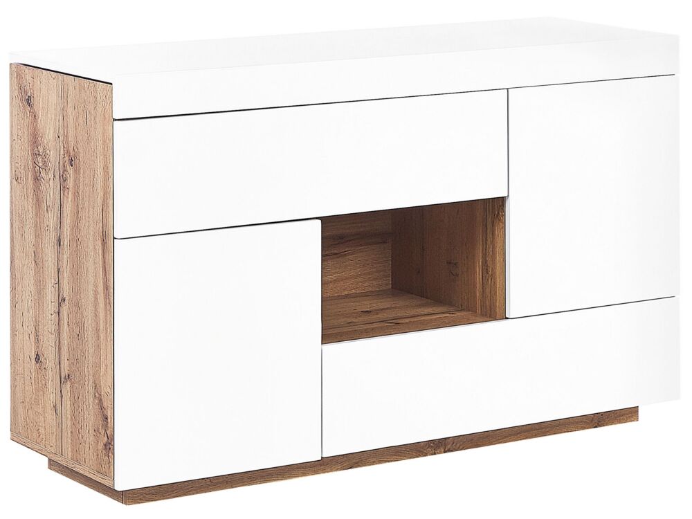 Sideboard And Desk White With Light Wood Mdf Paper Veneer 2 In 1 With Drawers Shelf Cabinets Storage Beliani
