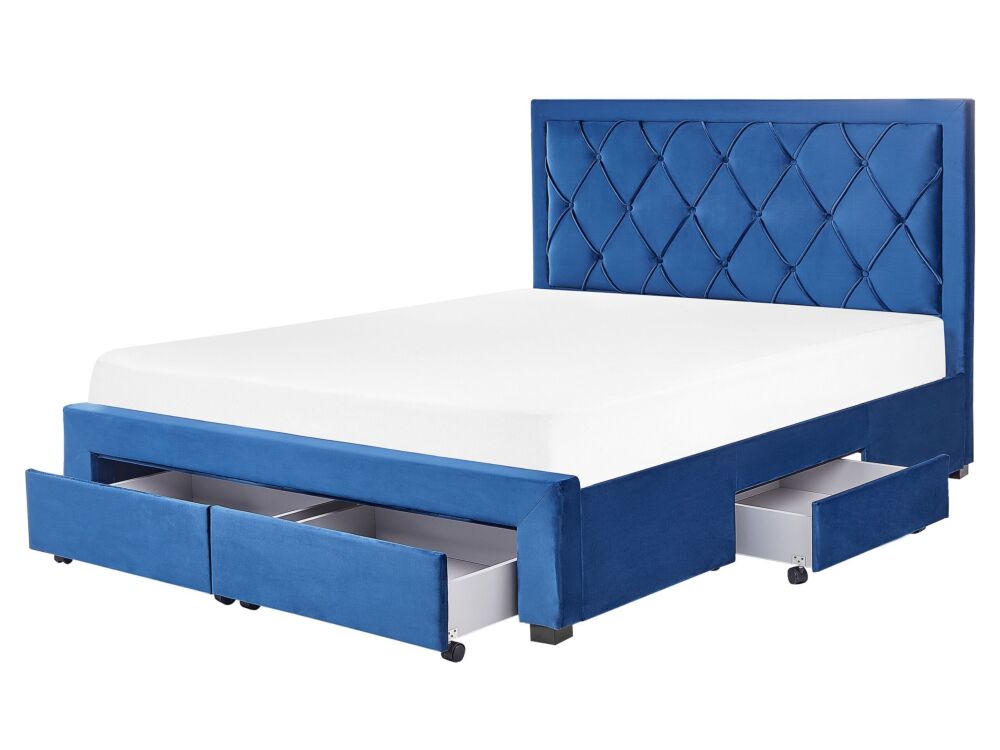 Storage Bed Blue Velvet Upholstery Eu King Size 5ft3 Tufted Tall Headboard Drawers Glam Design Beliani