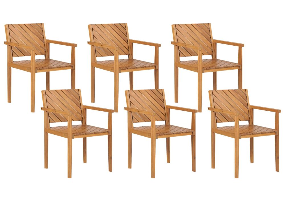 Set Of 6 Garden Chairs Light Acacia Wood Outdoor With Armrests Traditional Style Beliani