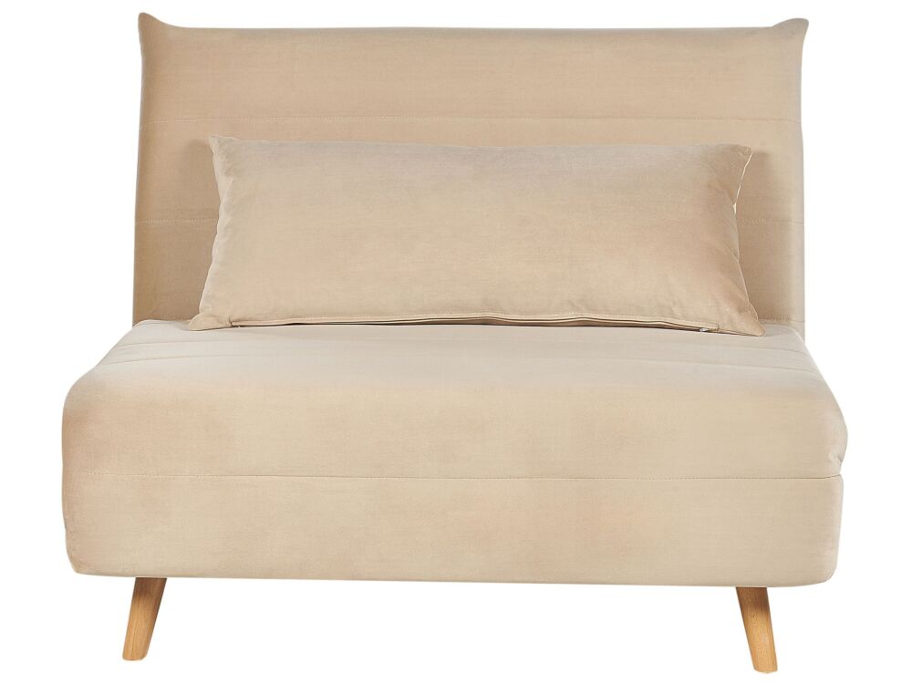 Small Sofa Bed Beige Velvet Fabric Wooden Legs 1 Seater Fold-out Sleeper Armless With Cushion Scandinavian Modern Design Beliani