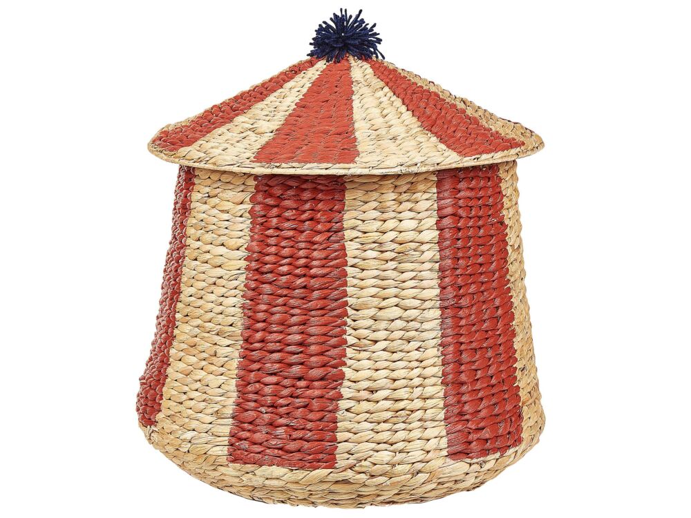 Wicker Basket Beige Red Water Hyacinth Woven Circus Motif Tent With Lid Pompom Toy Hamper Child's Room Accessory Beliani