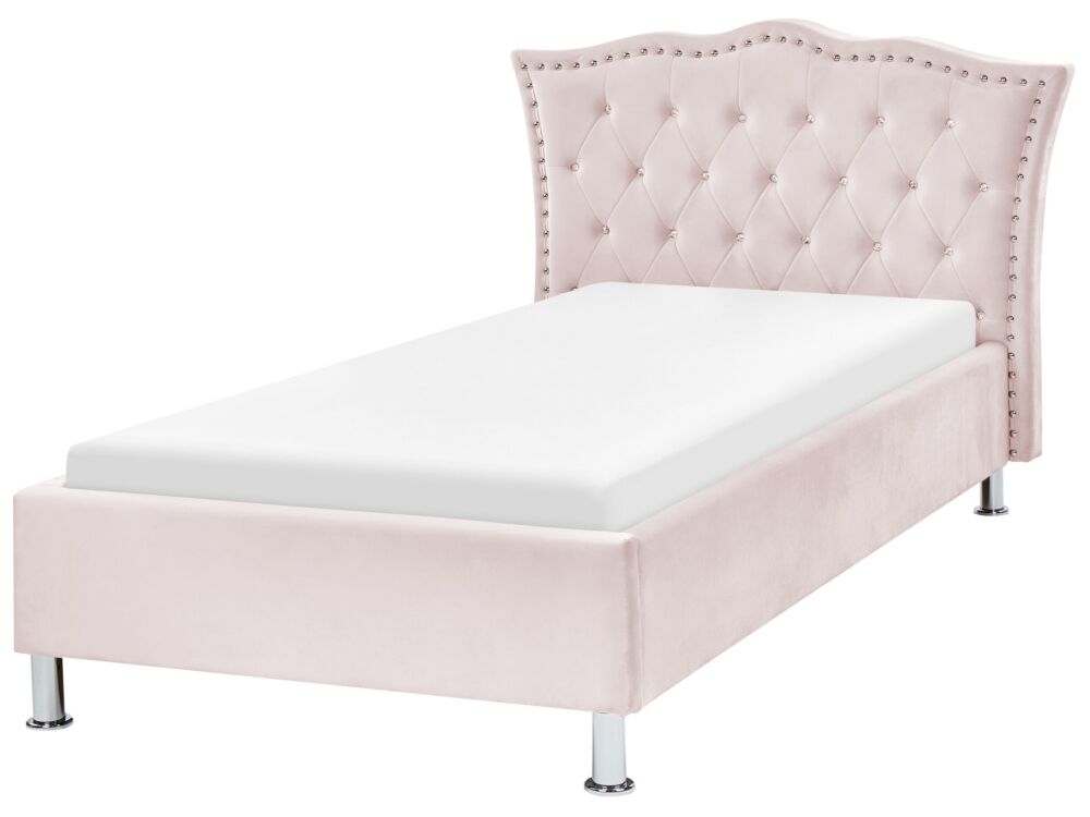 Eu Single Size Bed Pink Velvet Upholstered Frame Nailhead Trim Crystal Buttons Headrest Bedroom Modern Glam Beliani