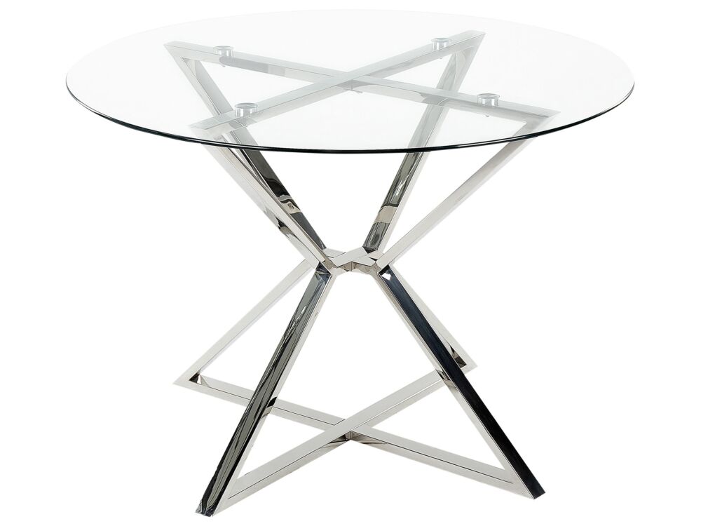 Dining Table Transparent And Silver Tempered Glass And Metal Legs ⌀ 105 Cm Glossy Finish Rectangular Glam Beliani