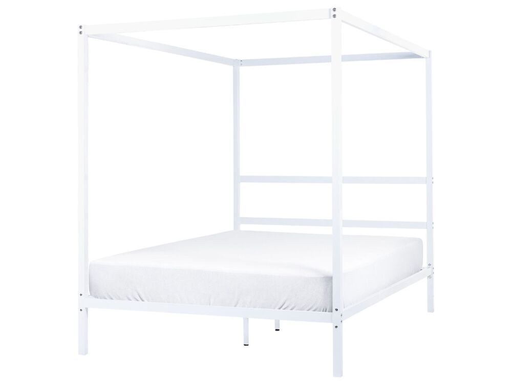 Canopy Bed Frame White Metal 140 X 200 Cm Double Size Plywood Slats Industrial Minimalist Beliani