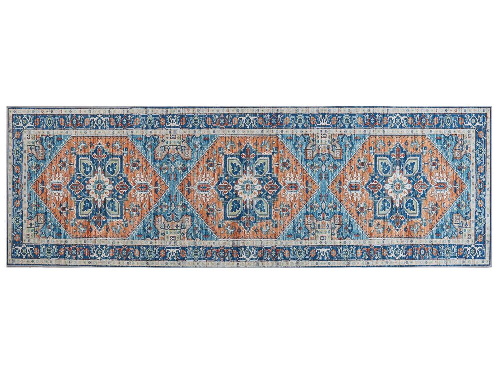 Runner Rug Blue And Orange Polyester 80 X 240 Cm Geometric Oriental Pattern Anti-slip Bottom Modern Hallway Beliani