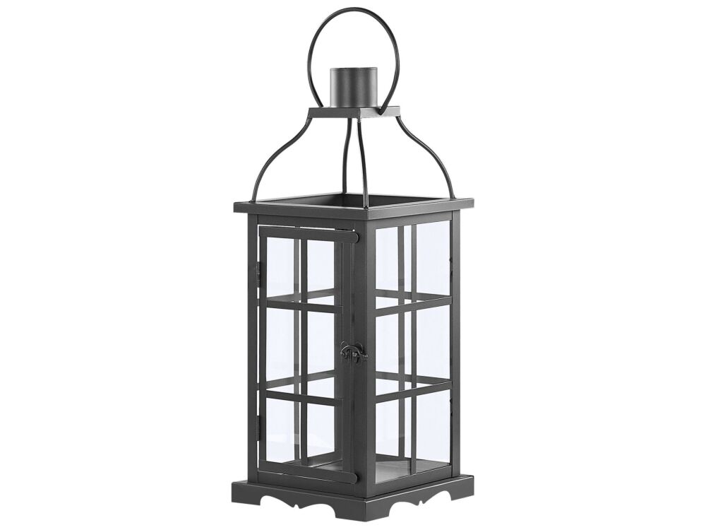 Metal Lantern Black Iron 52 Cm Pillar Candle Holder Glass Doors Indoor Decorative Piece Beliani