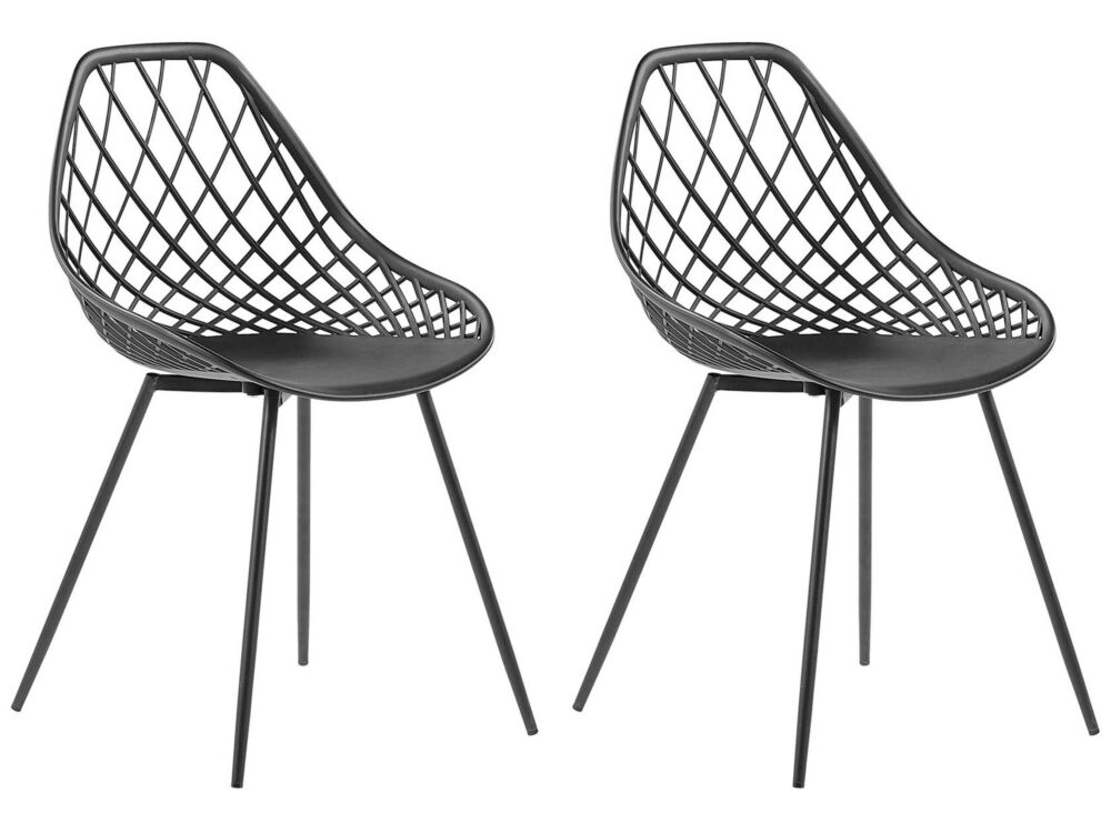 Set Of 2 Dining Chairs Black Synthetic Seat Black Metal Legs Net Design Backrest Modern Scandinavian Beliani