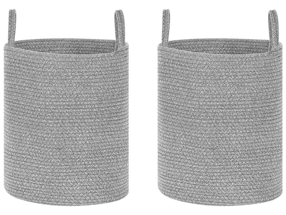 Set Of 2 Storage Baskets Grey Cotton Handmade With Handles Solid Colour Laundry Hamper Fabric Bin Beliani