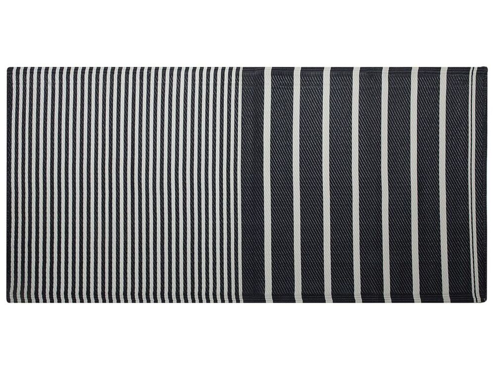 Outdoor Rug Mat Black Synthetic 90 X 180 Cm Striped Geometric Pattern Eco Friendly Modern Minimalist Beliani