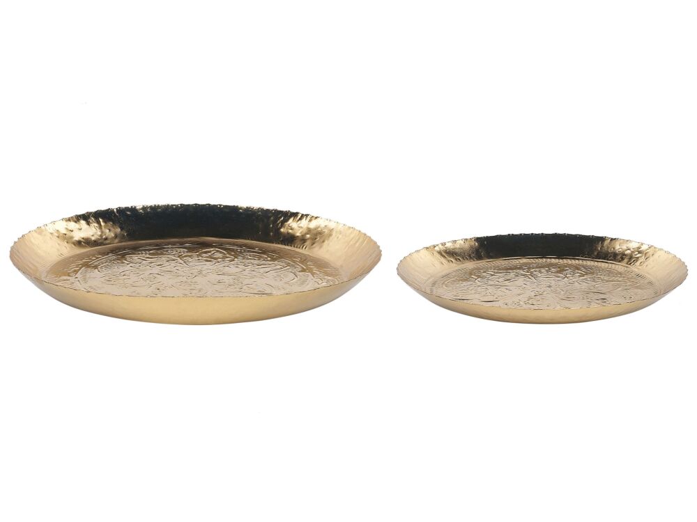 Set Of 2 Decorative Trays Gold Metal Trinket Jewellery Round Dish Textured Glamour Home Accessory Beliani