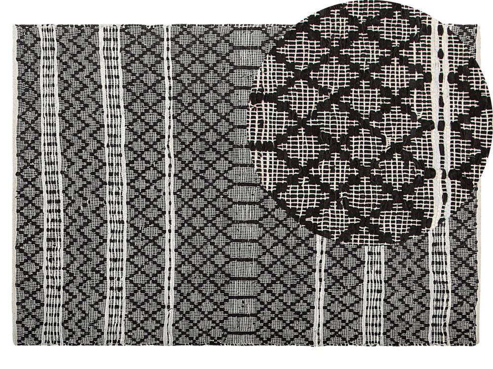 Area Rug Black With Beige 140 X 200 Cm Modern Contemporary Hand Loomed Genuine Leather Cotton Chevron Pattern Beliani