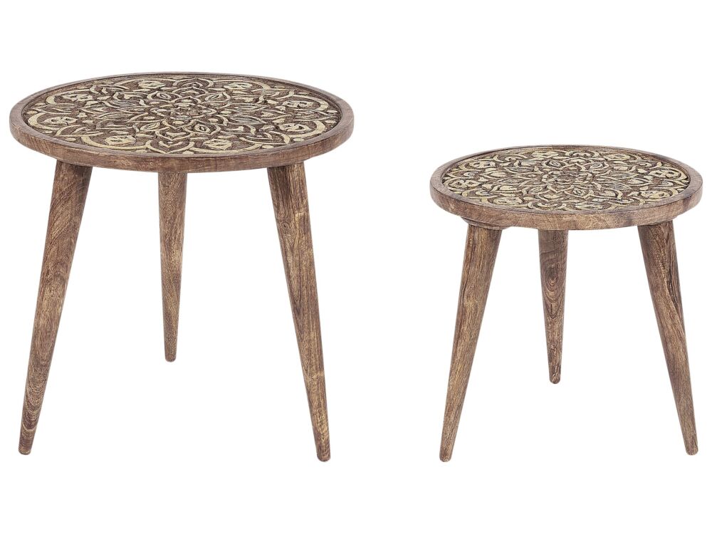 Set Of 2 Side Tables Dark Mango Wood Decorative Coffee Side Table Small Living Room Furniture Oriental Design Beliani