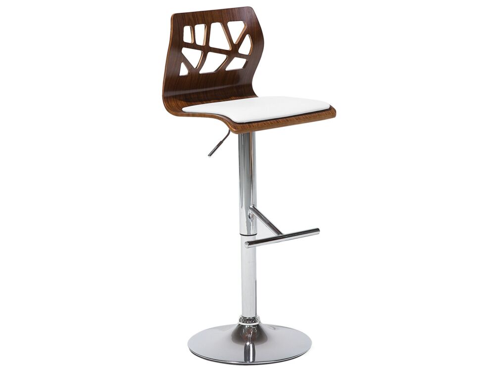 Bar Stool Dark Wood With White Faux Leather Seat Footstool Swivel Gas Lift Adjustable Height Modern Beliani