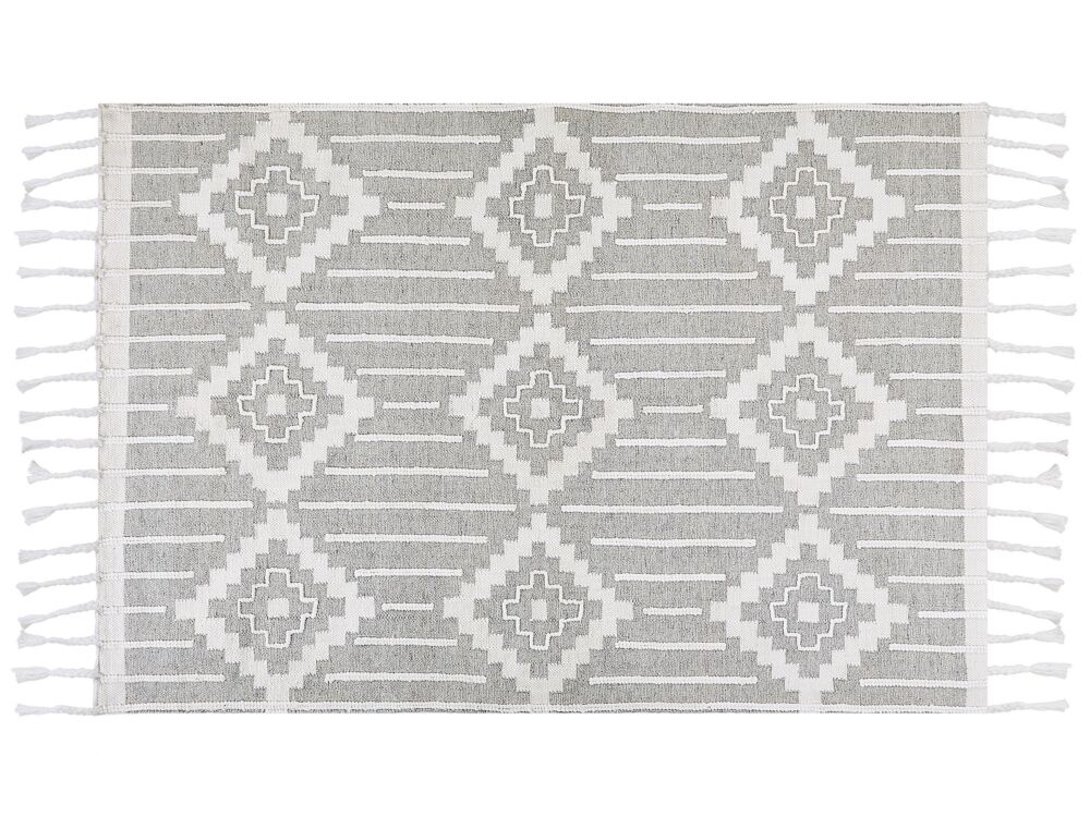 Area Rug Grey And White 160 X 230 Cm Synthetic Material Decorative Tassels Indian Style Indoor Outdoor Beliani