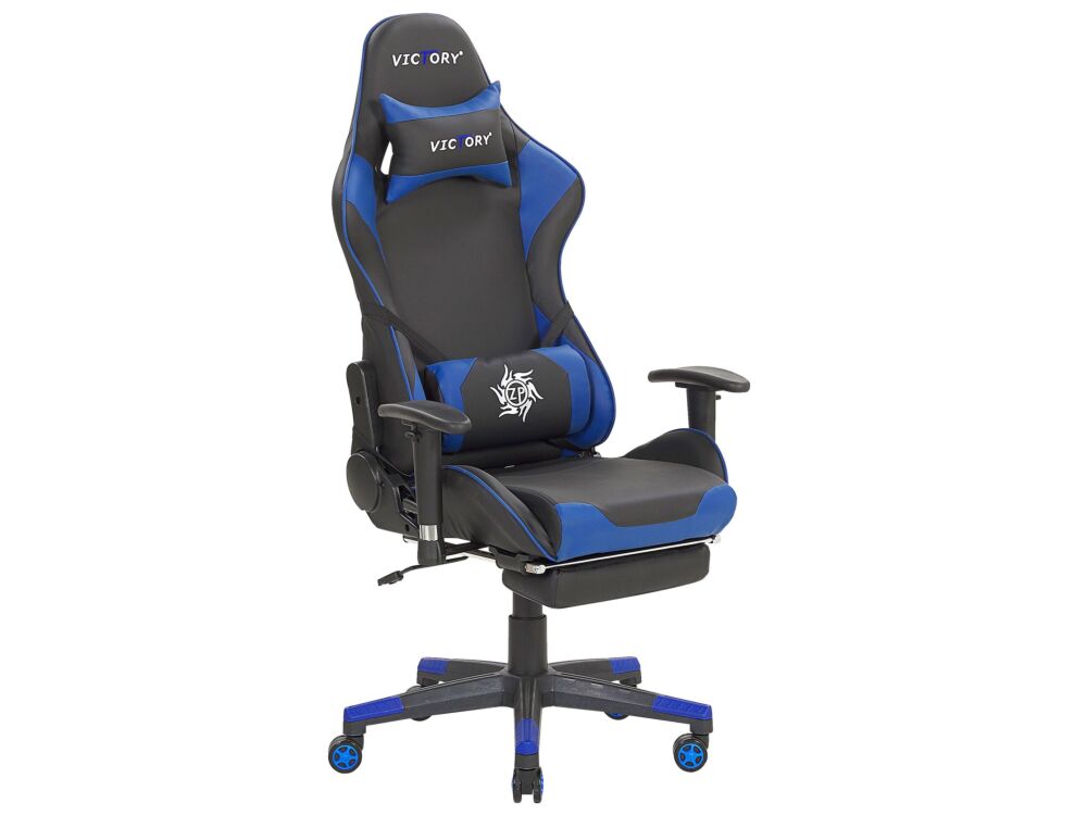 Gaming Chair Black And Blue Faux Leather Swivel Adjustable Armrests And Height Footrest Modern Beliani
