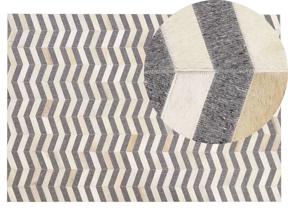 Area Rug Grey And Beige Jacquard Cowhide Leather Geometric Chevron Pattern Retro 140 X 200 Cm Beliani